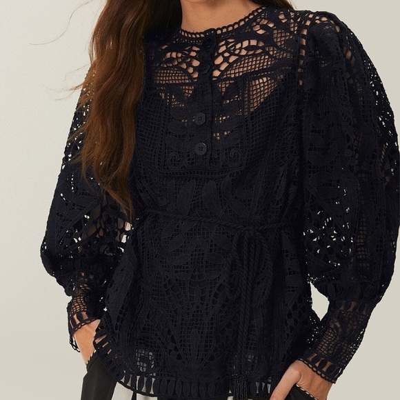 FARM RIO Black Guipire Puff Sleeve Blouse M - Picture 1 of 7